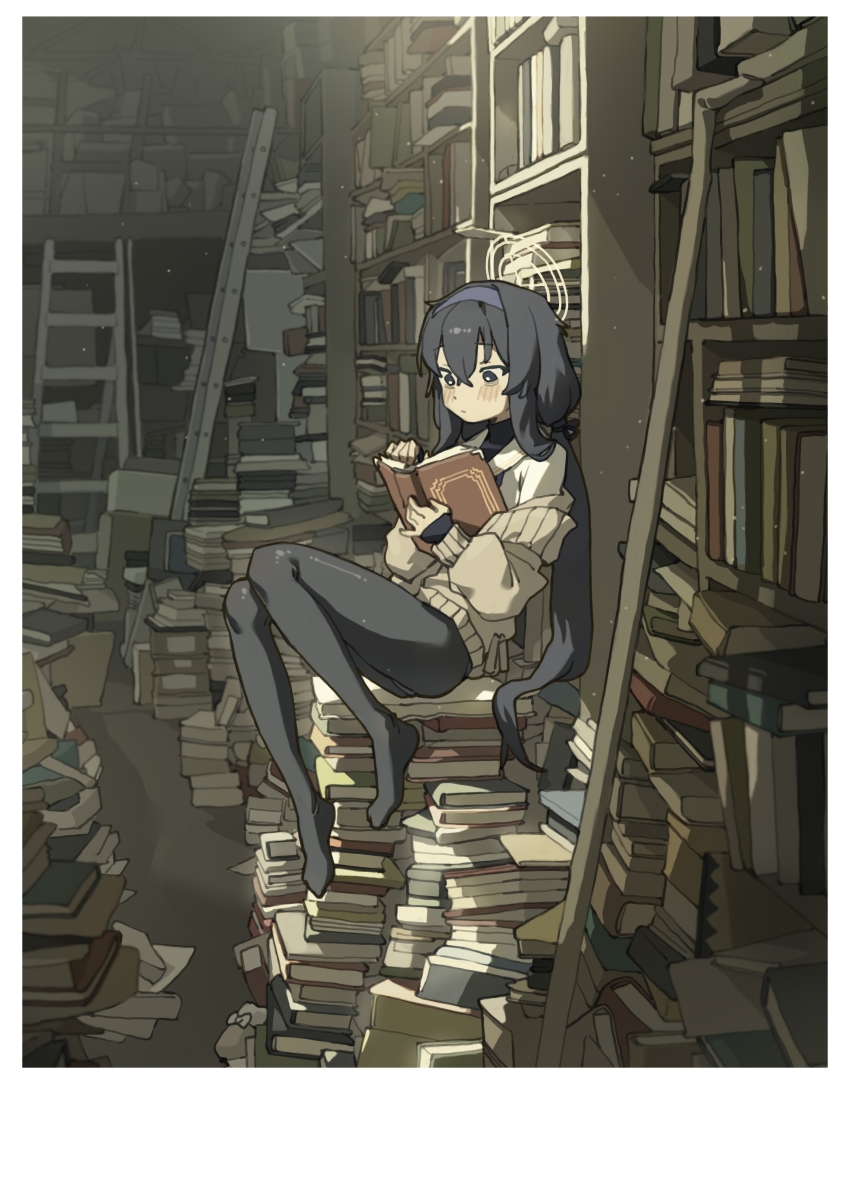 1girl, absurdres, bags_under_eyes, black_eyes, black_hair, black_pantyhose, blue_archive, blue_hairband