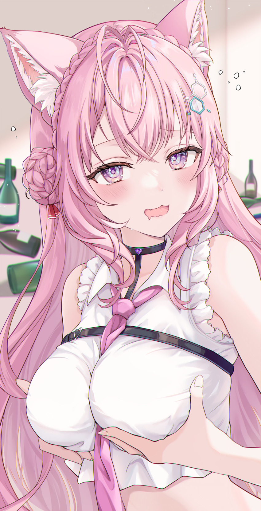 1girl, absurdres, animal_ears, braid, braided_bun, breast_press, breasts, crown_braid