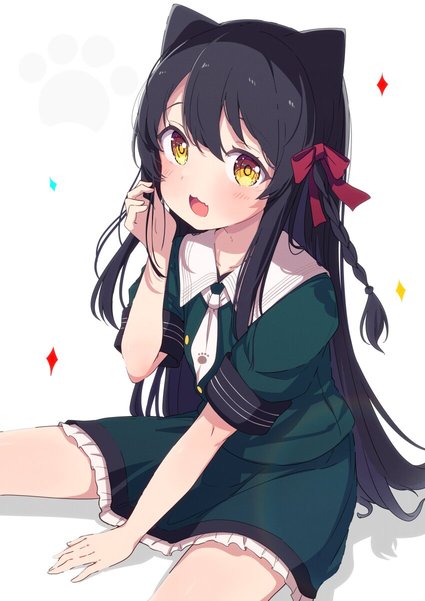 1girl, :d, absurdres, animal_ears, between_legs, black_hair, bow, braid
