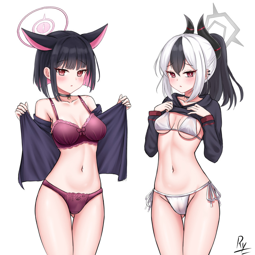 2girls, absurdres, animal_ears, black_hair, black_jacket, blue_archive, blush, bra