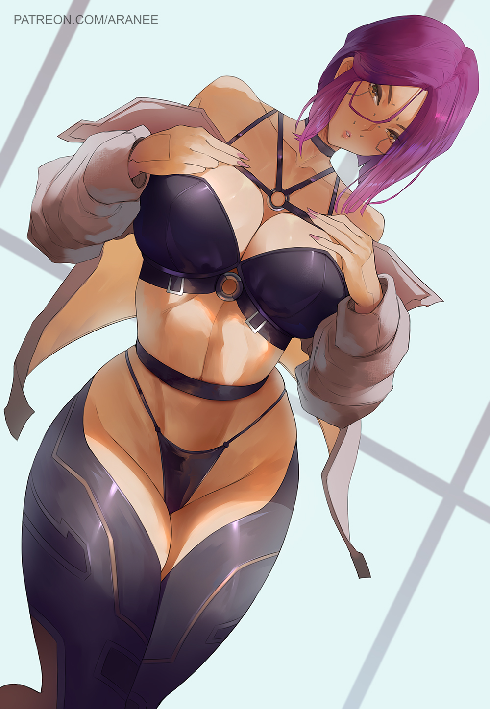 1girl, araneesama, bare_shoulders, black_bra, black_leggings, black_panties, blush, bra, breasts, brown_eyes, cleavage, collarbone, cyberpunk_(series), cyberpunk_2077, facial_mark, grey_jacket, groin, highres, jacket, large_breasts, leggings, long_sleeves, looking_at_viewer, nail_polish, navel, o-ring, off_shoulder, open_clothes, open_jacket, panties, purple_hair, short_hair, solo, songbird_(cyberpunk), songbird_(cyberpunk_2077), thighs, underwear