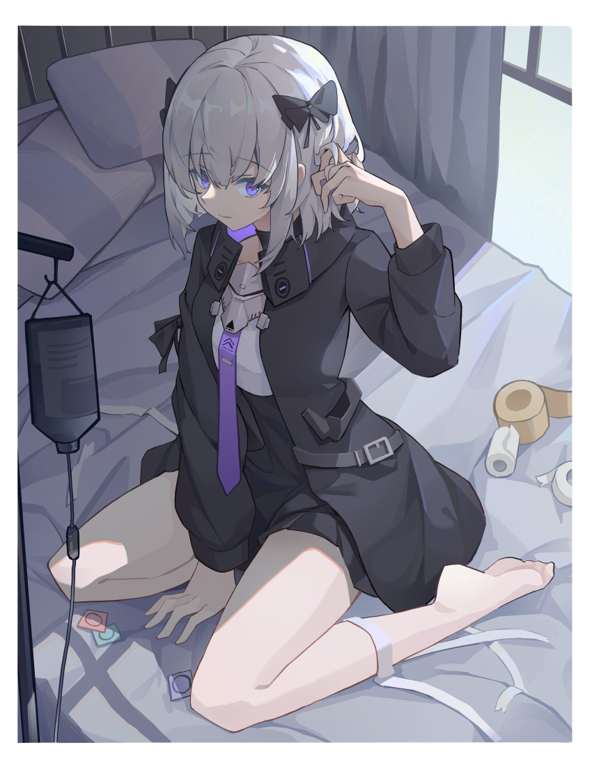 1girl, absurdres, adjusting_hair, arm_support, bandages, bare_legs, barefoot, bed