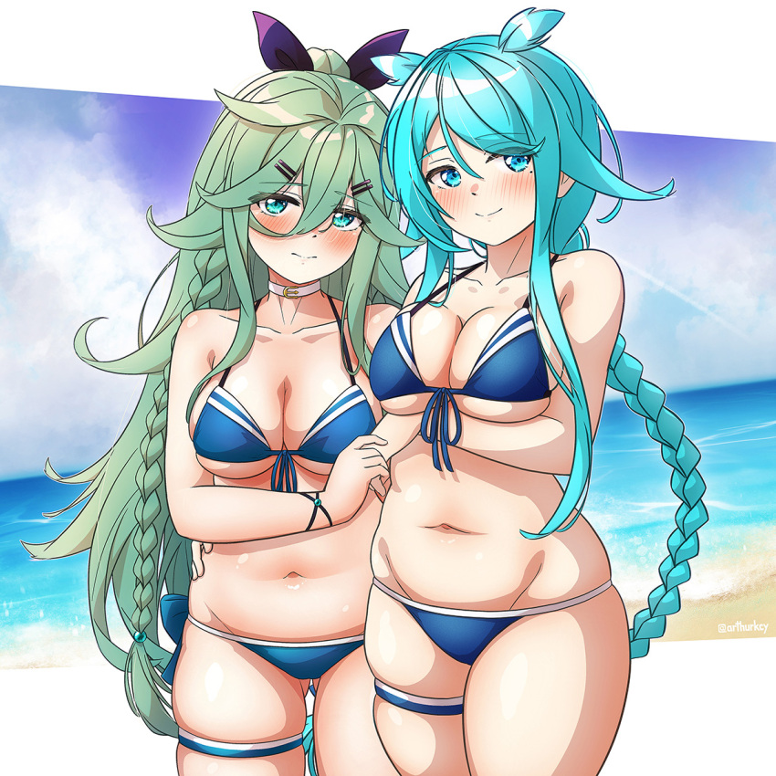 2girls, alternate_hair_color, aqua_eyes, aqua_hair, arthur_ko, bare_arms, bare_legs, bare_shoulders