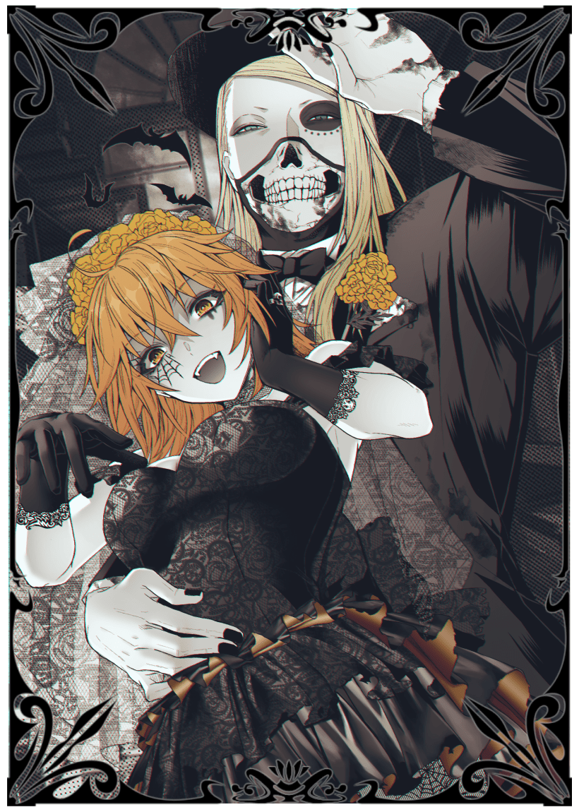 1boy, 1girl, alternate_costume, black_dress, black_nails, blonde_hair, blue_eyes, bow