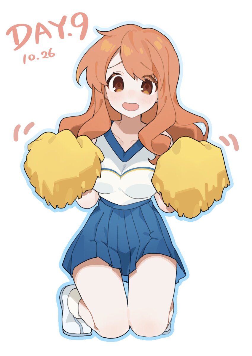 1girl, asahina_mikuru, blue_skirt, breasts, brown_eyes, brown_hair, cheerleader, collarbone, commentary_request, dated, full_body, highres, holding, holding_pom_poms, kneeling, large_breasts, long_hair, maymeriko, official_alternate_costume, open_mouth, pom_pom_(cheerleading), pom_poms, shirt, shoes, simple_background, skirt, sleeveless, sleeveless_shirt, solo, suzumiya_haruhi_no_yuuutsu, white_background, white_shoes