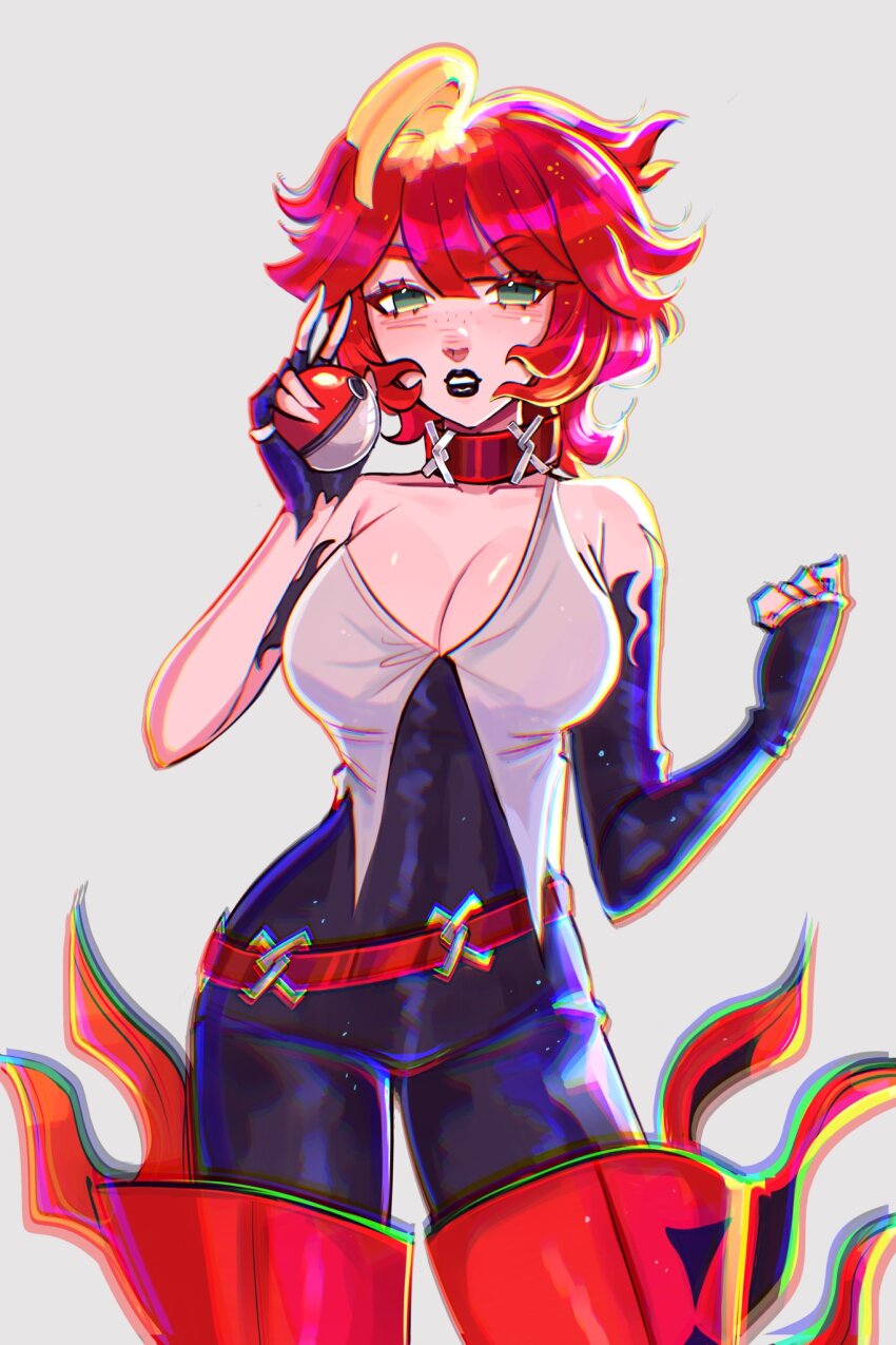 1girl, ahoge, belt, black_bodysuit, black_lips, blonde_hair, bodysuit, breasts