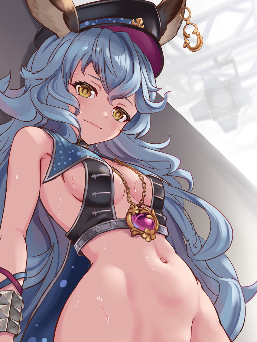 1girl, animal_ears, arms_behind_back, bare_shoulders, bell_(angelicalary), black_hat, blue_hair, blush, breasts, cape, chain, crop_top, curly_hair, earrings, embarrassed, erune, ferry_(granblue_fantasy), from_below, gold_chain, granblue_fantasy, groin, hair_between_eyes, hat, highres, hip_focus, jewelry, long_hair, looking_at_viewer, looking_down, medium_breasts, navel, necklace, nervous_smile, no_bra, out-of-frame_censoring, sideboob, single_earring, sleeveless, small_breasts, smile, solo, stage_lights, very_long_hair, yellow_eyes
