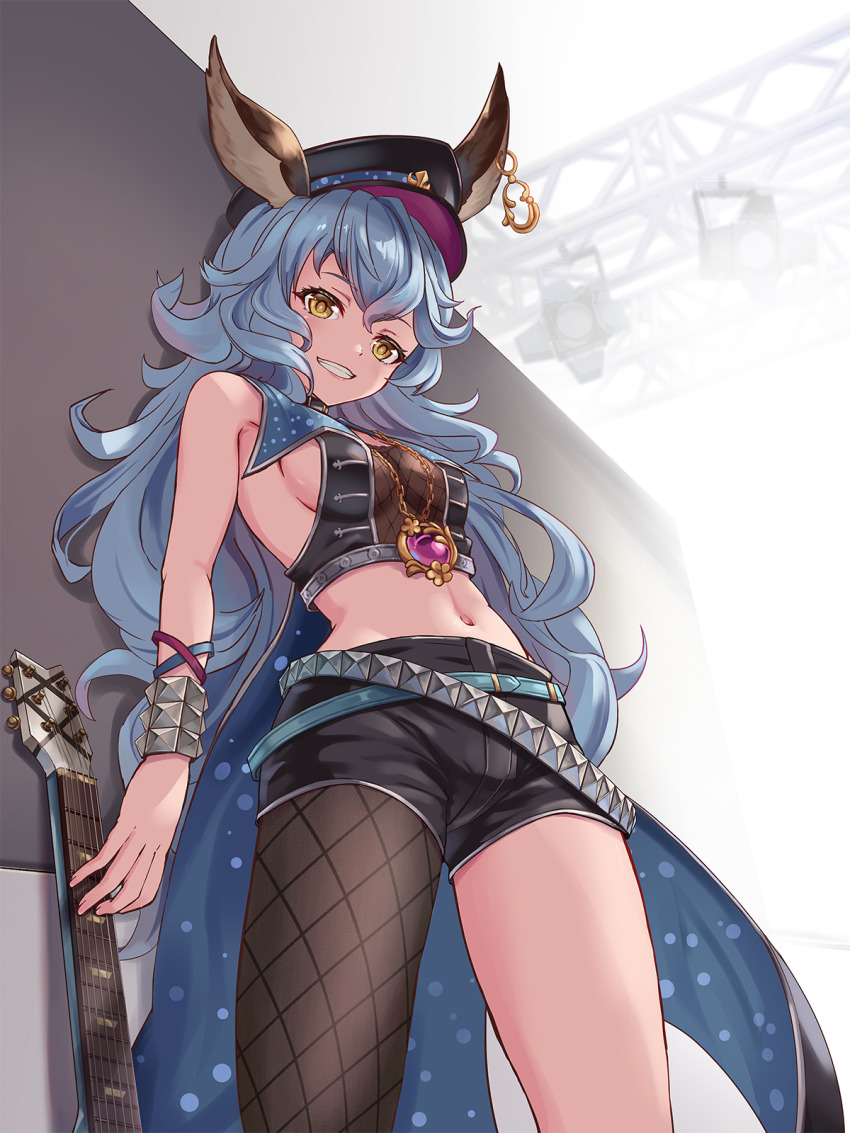 1girl, animal_ears, arms_behind_back, bare_shoulders, bell_(angelicalary), black_hat, black_shorts, blue_hair