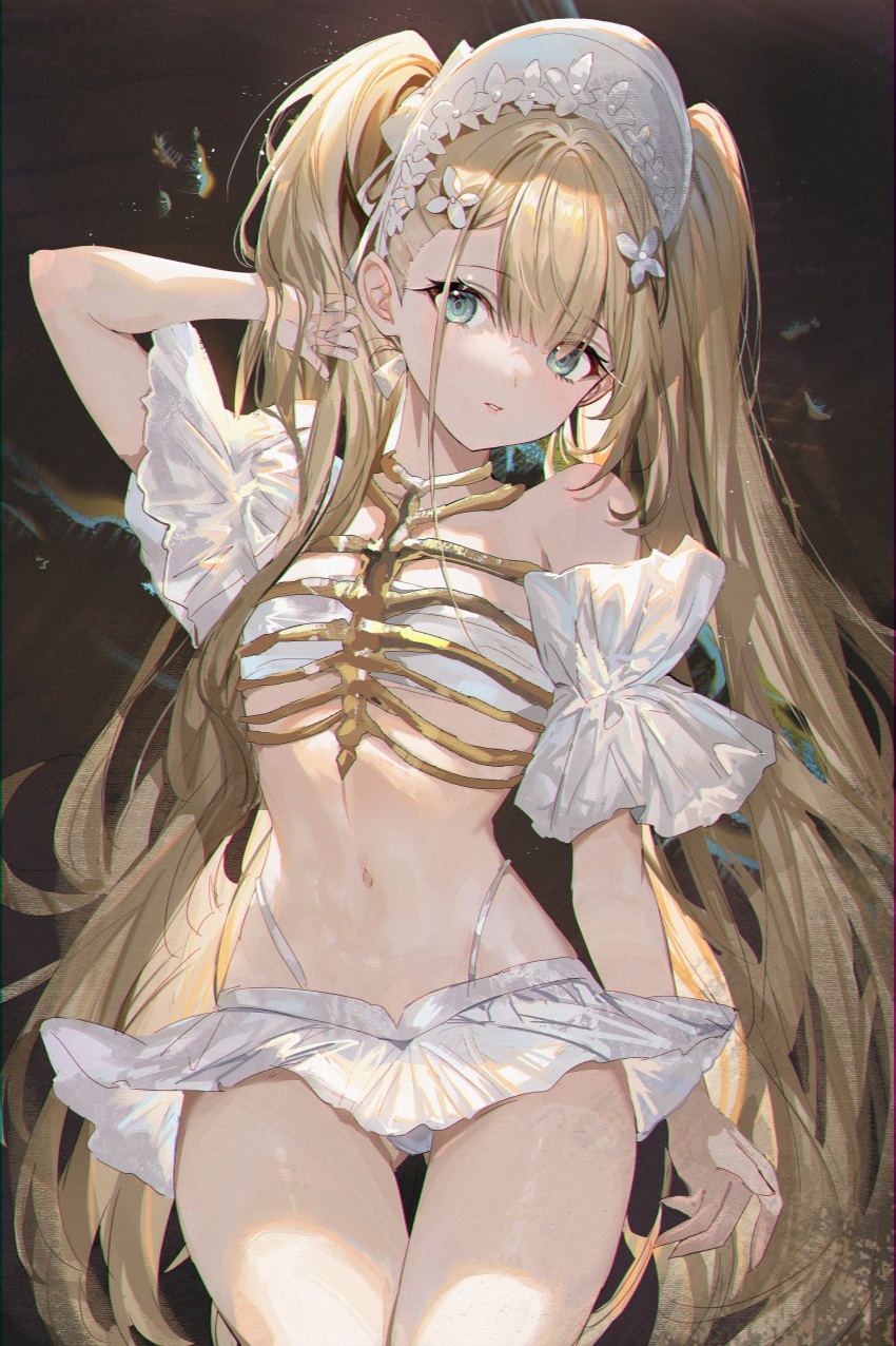 1girl, absurdres, alchemy_stars, bare_shoulders, blonde_hair, blue_eyes, commentary_request, flat_chest, flower, gluteal_fold, hair_flower, hair_ornament, highres, long_hair, looking_at_viewer, navel, nina_(alchemy_stars), shanguier, solo, standing, stomach, thigh_gap, thighs, twintails, very_long_hair, white_flower