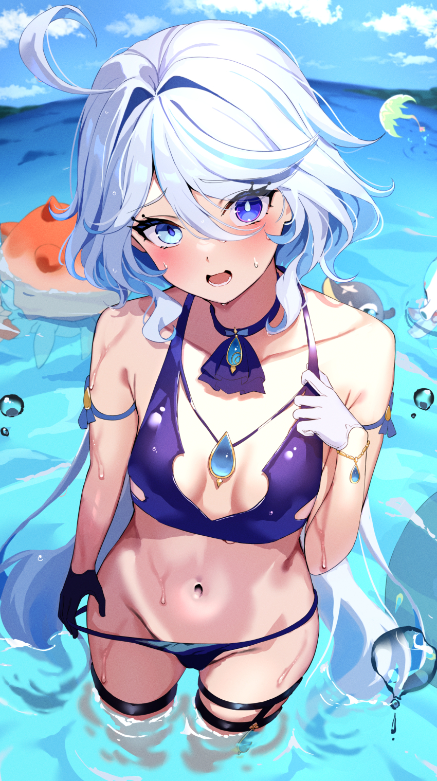 1girl, absurdres, ahoge, ascot, asymmetrical_gloves, bikini, blush, bracelet