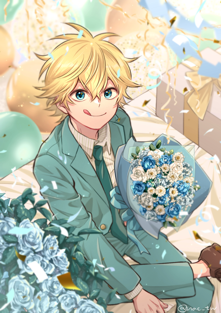 1boy, balloon, black_clover, blonde_hair, blue_eyes, blue_flower, blue_rose, bouquet