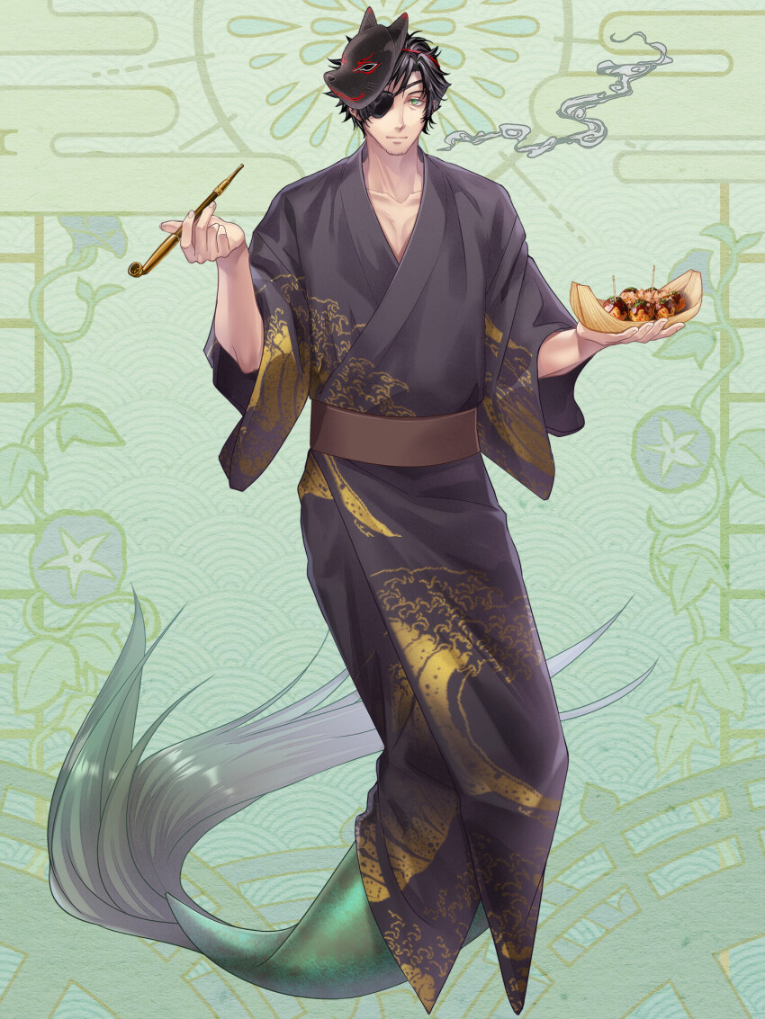 1boy, black_kimono, dairoku_ryouhei, eyepatch, facial_hair, food, fox_mask, full_body, green_background, green_eyes, highres, japanese_clothes, kimono, kiseru, looking_at_viewer, male_focus, mask, mask_on_head, mermaid, merman, monster_boy, monster_girl, rai-gg, short_hair, smoking, smoking_pipe, solo, standing, stubble, takoyaki, wide_sleeves