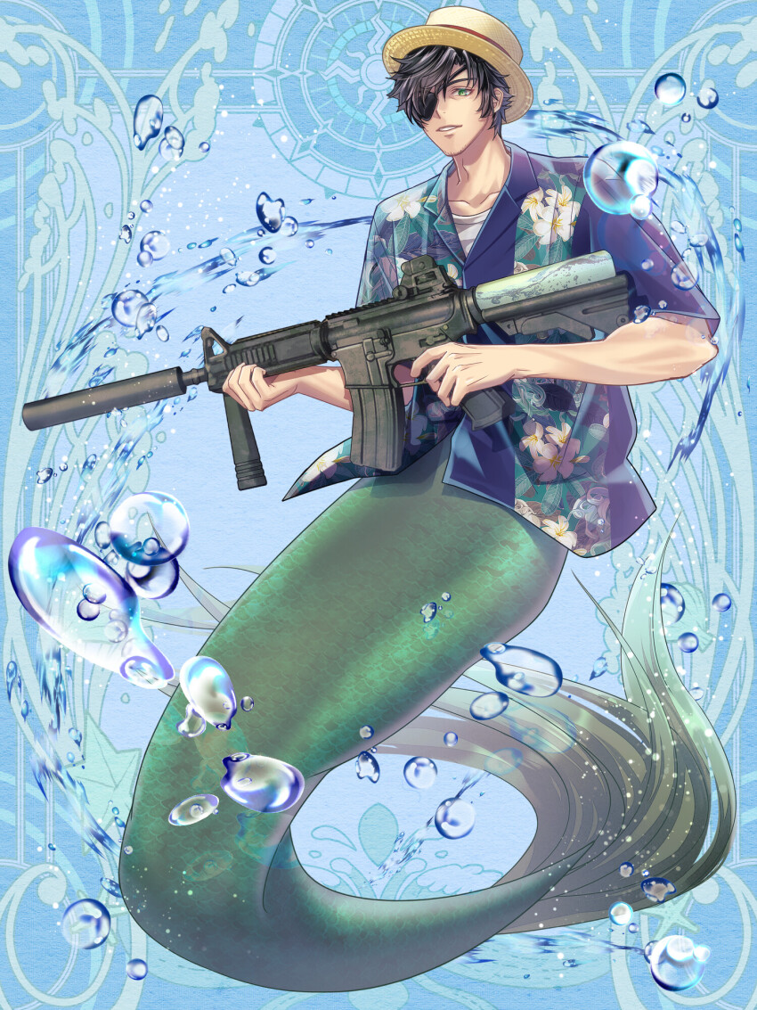 1boy, assault_rifle, black_hair, blue_background, blue_shirt, dairoku_ryouhei, eyepatch, facial_hair
