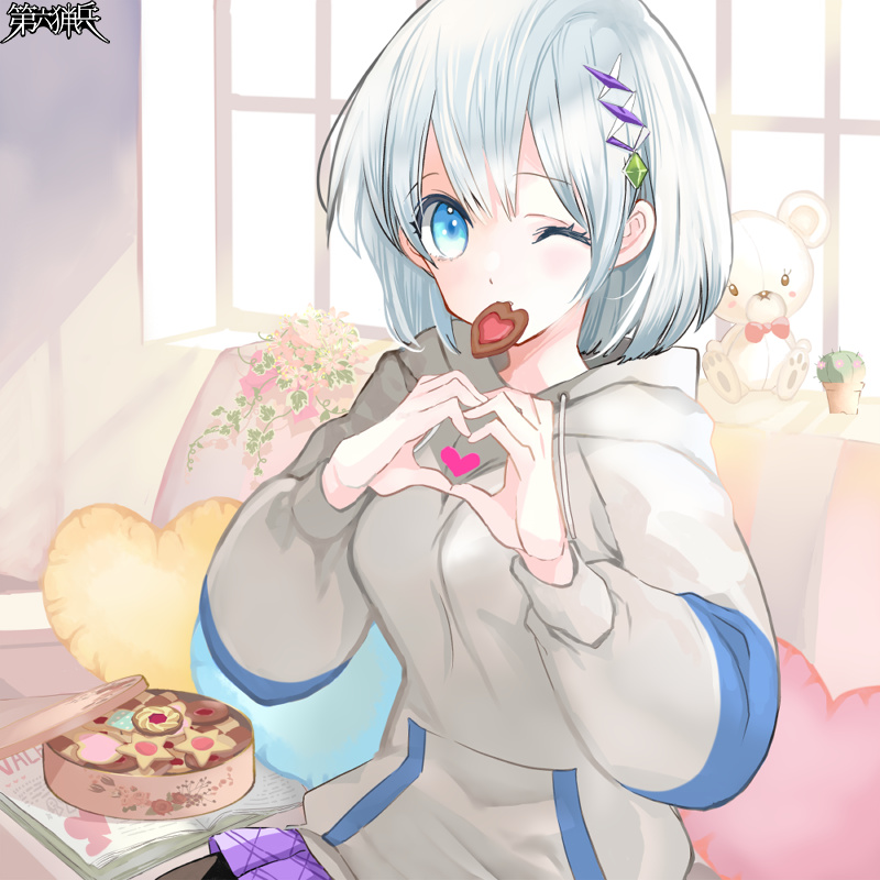 1girl, blue_eyes, cookie, copyright_name, couch, dairoku_ryouhei, erica_(tw), food