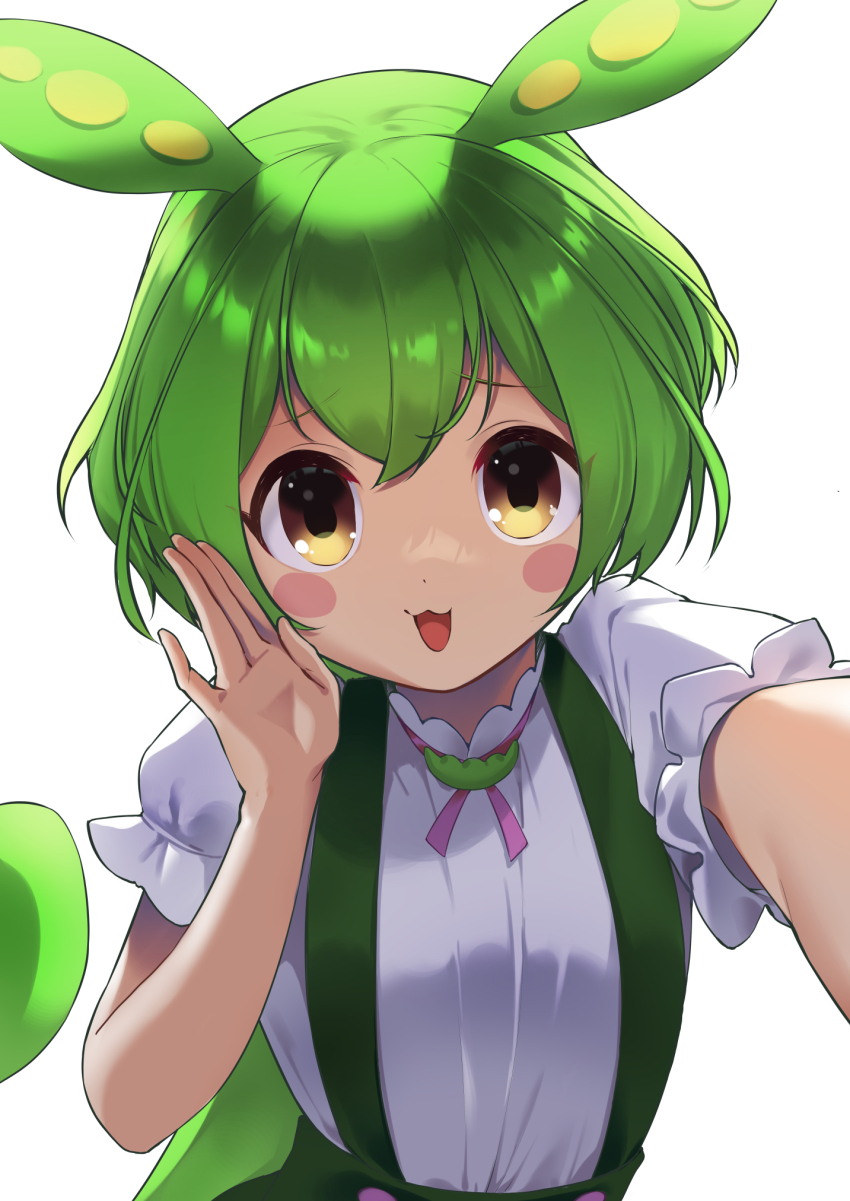 1girl, :3, backlighting, blush_stickers, brooch, commentary_request, fujishiro_kuma, furrowed_brow