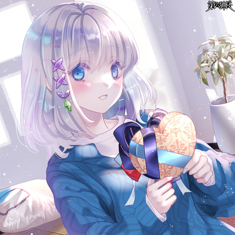1girl, blue_eyes, blue_sweater, blush, copyright_name, dairoku_ryouhei, gift, grey_hair