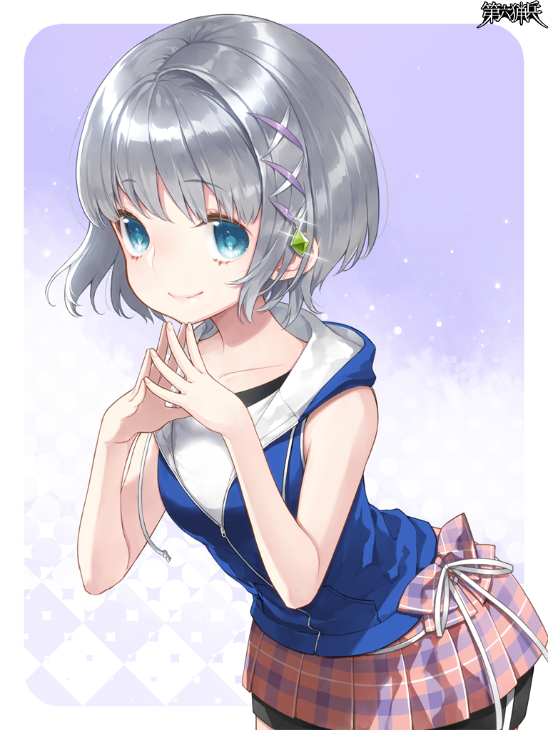 1girl, blue_eyes, blue_jacket, dairoku_ryouhei, grey_hair, hair_ornament, jacket, kofi_famiol, leaning_forward, mafuyu_(tw), own_hands_together, plaid_clothes, plaid_skirt, purple_background, short_hair, skirt, sleeveless, sleeveless_jacket, smile, solo, standing, steepled_fingers