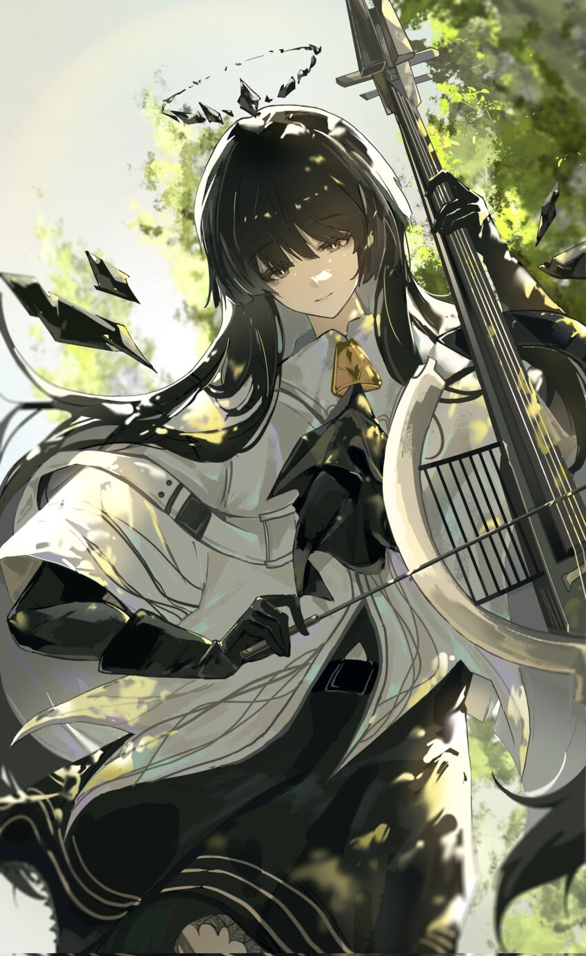 1girl, arknights, ascot, belt, belt_buckle, black_ascot, black_belt, black_eyes