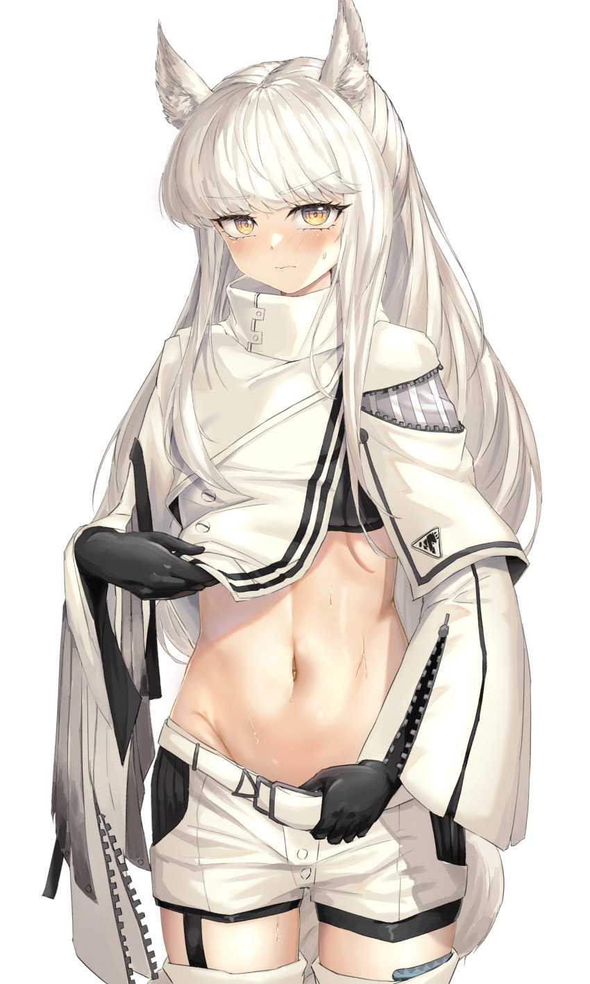 1girl, absurdres, arknights, black_bra, black_gloves, blush, bra, clothes_lift