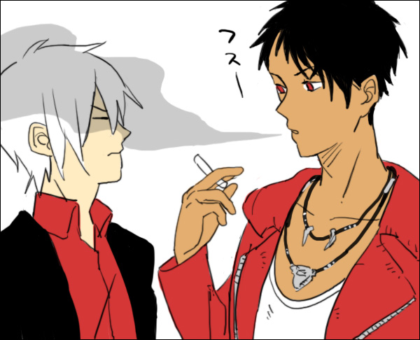 2boys, black_hair, capcom, character_request, cigarette, dante_(dmc:_devil_may_cry), devil_may_cry_(series), dmc:_devil_may_cry, jewelry, male_focus, multiple_boys, necklace, og, red_eyes, smoking