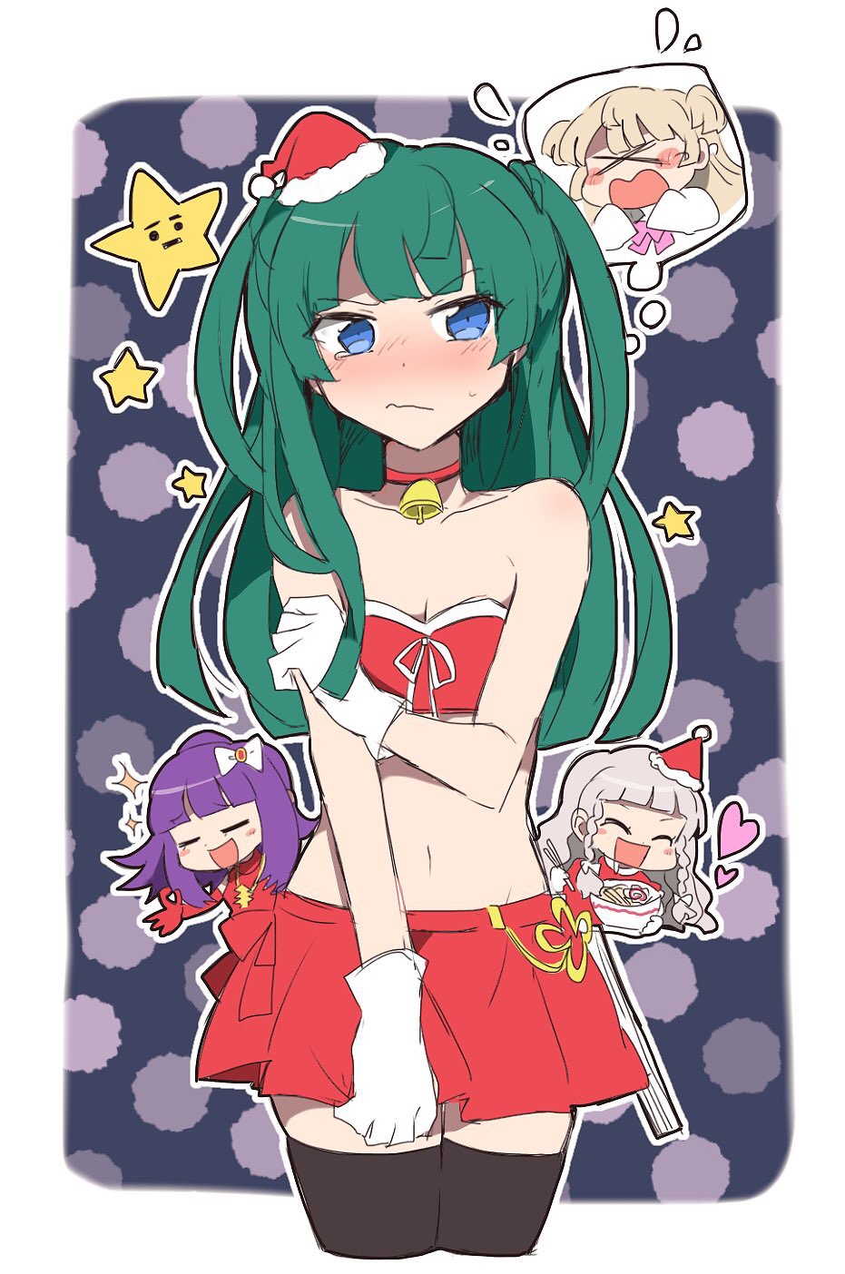 >_<, 3girls, :d, bare_shoulders, bell, black_thighhighs, blonde_hair, blue_eyes