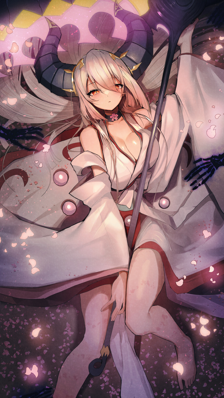 1girl, absurdres, bare_shoulders, breasts, choker, cleavage, detached_sleeves, duel_monster, foot_out_of_frame, grey_hair, highres, holding, holding_scythe, horns, japanese_clothes, large_breasts, long_hair, lying, on_back, on_ground, red_blossoms_from_underroot, red_eyes, ro_g_(oowack), scythe, slit_pupils, solo, terrors_of_the_afterroot, wide_sleeves, yu-gi-oh!