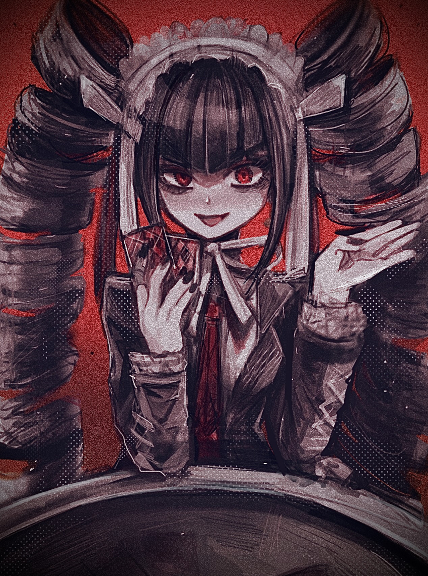 1girl, :d, black_jacket, black_nails, card, celestia_ludenberg, collared_shirt, danganronpa:_trigger_happy_havoc