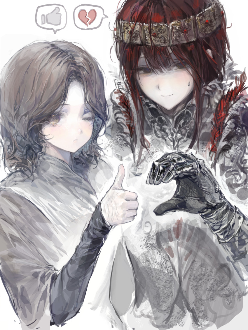 2girls, absurdres, black_eyes, broken_heart, brown_eyes, brown_hair, brown_shirt, cropped_torso