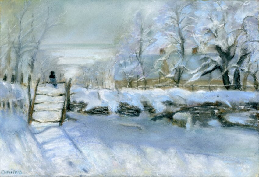 absurdres, amima_amita, animal, bare_tree, bird, crow, day, forest, highres, nature, no_humans, original, outdoors, painting_(medium), scenery, sky, snow, traditional_media, tree