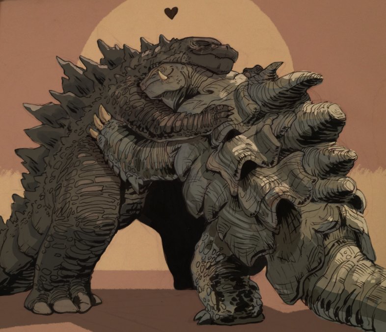 crossover, dinosaur, dj_crumrine, gamera, gamera_(2015_short), gamera_(series), giant, giant_monster, godzilla, godzilla_(2014), godzilla_(series), heart, hug, kadokawa, kaiju, legendary_pictures, marza_animation_planet, monster, monsterverse, no_humans, omnibus_japan, sea_monster, spikes, tail, toho, turtle, turtle_shell, tusks