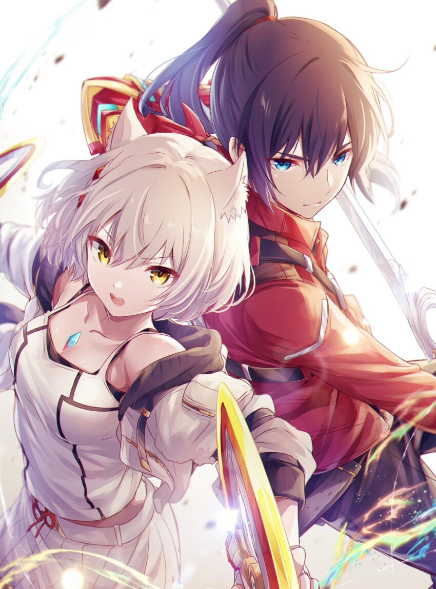 1boy, 1girl, animal_ears, black_hair, blue_eyes, breasts, cat_ears, chakram, chest_jewel, commentary, core_crystal_(xenoblade), grey_hair, hair_tie, highres, holding, jacket, mio_(xenoblade), noah_(xenoblade), ponytail, red_jacket, shirt, short_hair, simple_background, skirt, small_breasts, sword, tank_top, ui_frara, veiled_sword_(xenoblade), weapon, white_jacket, white_skirt, white_tank_top, xenoblade_chronicles_(series), xenoblade_chronicles_3, yellow_eyes