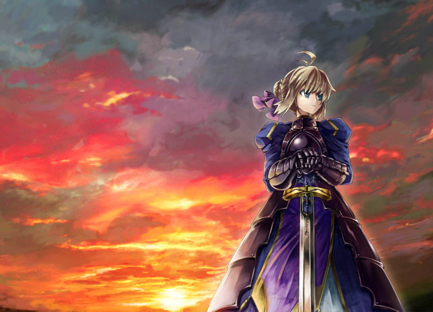 1girl, ahoge, armor, armored_dress, artoria_pendragon_(fate), blonde_hair, cloud, dress