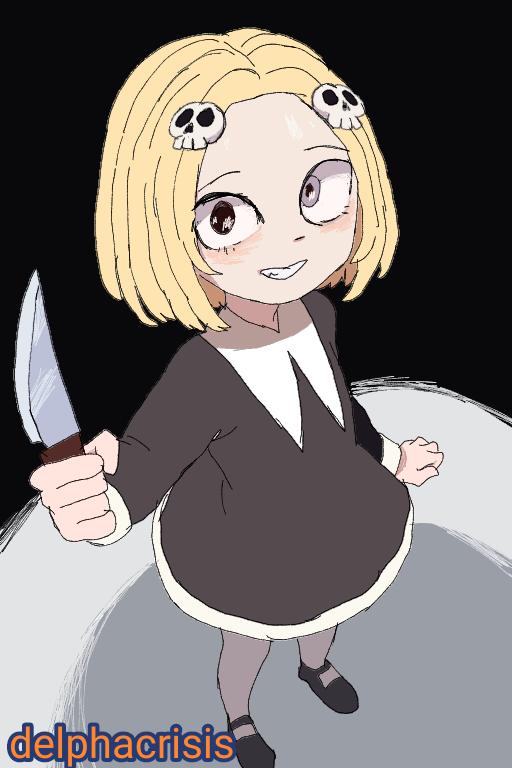 1girl, black_background, black_dress, black_eyes, black_shoes, blonde_hair, blush, delpha_crisis