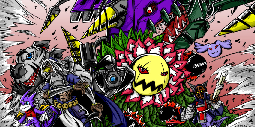 armor, beak, blossomon, digimon, digimon_(creature), digimon_xros_wars, digimon_xros_wars:_toki_wo_kakeru_shounen_hunter-tachi, dragon, drill, gigabreakdramon, gumdramon, kappa, kotemon, metaltyranomon, open_mouth, pagumon, sangomon, scar, sharp_teeth, teeth, wings