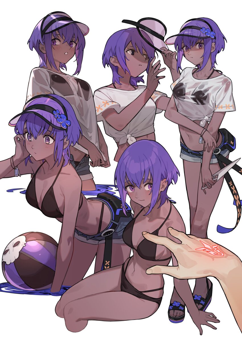 1girl, absurdres, ball, bare_shoulders, beachball, bikini, bikini_under_clothes, blush, breasts, closed_mouth, collarbone, command_spell, dark-skinned_female, dark_skin, fate/grand_order, fate_(series), hair_between_eyes, hassan_of_serenity_(fate), hat, highres, looking_at_viewer, medium_breasts, nao_(syn_eaa), navel, open_mouth, purple_eyes, purple_hair, shirt, short_hair, short_shorts, shorts, swimsuit, very_dark_skin, wet, wet_clothes, wet_shirt