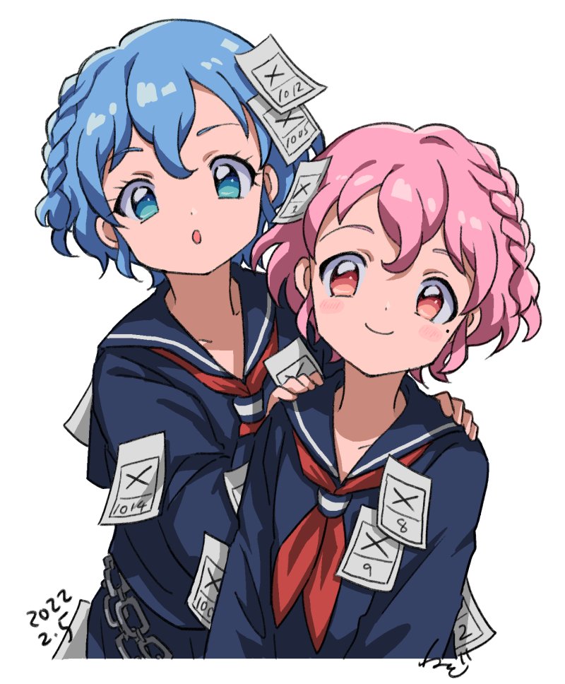 1boy, 1girl, :o, blue_eyes, blue_hair, blue_serafuku, blue_shirt, blue_skirt, blush, braid, brother_and_sister, chain, closed_mouth, commentary, crossdressing, curly_hair, dated, dorothy_west, hair_between_eyes, hands_on_another's_shoulders, reona_west, long_sleeves, looking_at_viewer, mole, mole_under_eye, neckerchief, open_mouth, paper, paper_on_head, pink_eyes, pink_hair, pretty_series, pripara, red_neckerchief, rituyama1, sailor_collar, school_uniform, serafuku, shirt, short_hair, siblings, side_braid, signature, simple_background, skirt, smile, untranslatable_commentary, trap, twins, upper_body, white_background