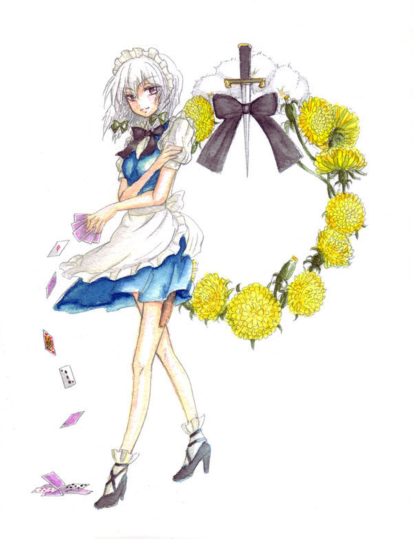 1girl, black_ribbon, black_shoes, braid, card, dandelion, dandelion_clock, female_focus