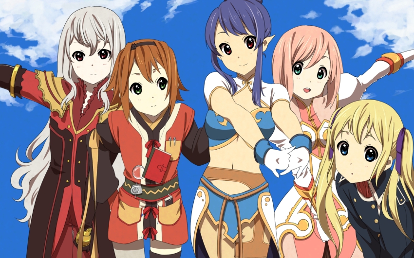 1boy, 4girls, alternate_hairstyle, bad_id, bad_pixiv_id, blonde_hair, blue_background, blue_eyes