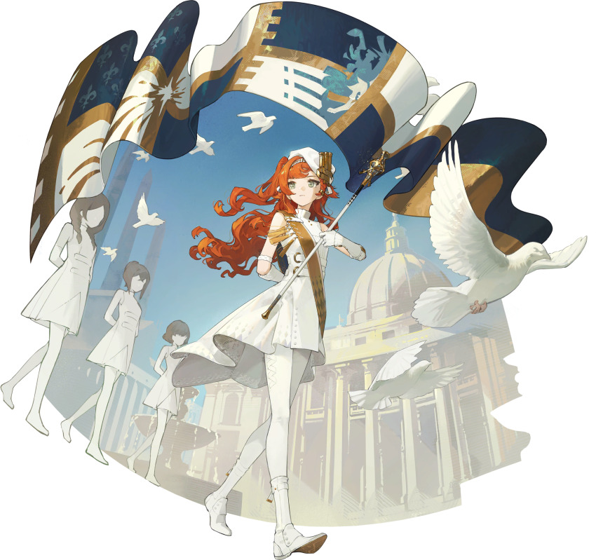 4girls, architecture, bird, boots, braid, braided_sidelock, closed_mouth, dove