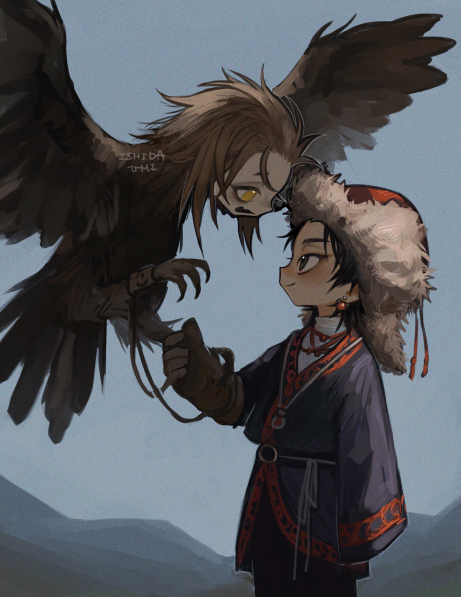 1boy, 1girl, artist_name, bird, black_gloves, black_hair, brown_feathers, brown_gloves