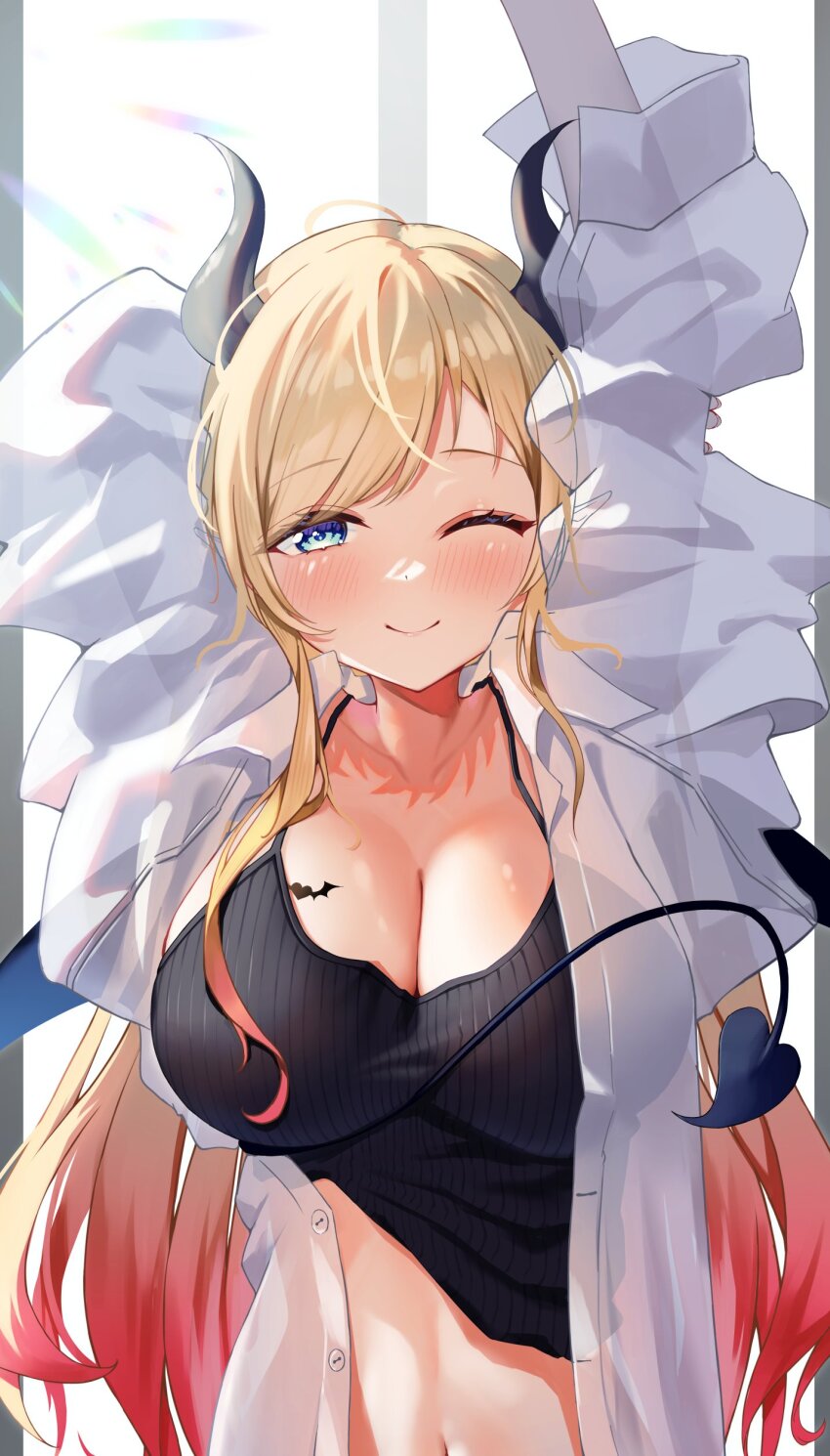 1girl, absurdres, alternate_costume, arms_up, black_camisole, black_horns, black_wings, blonde_hair