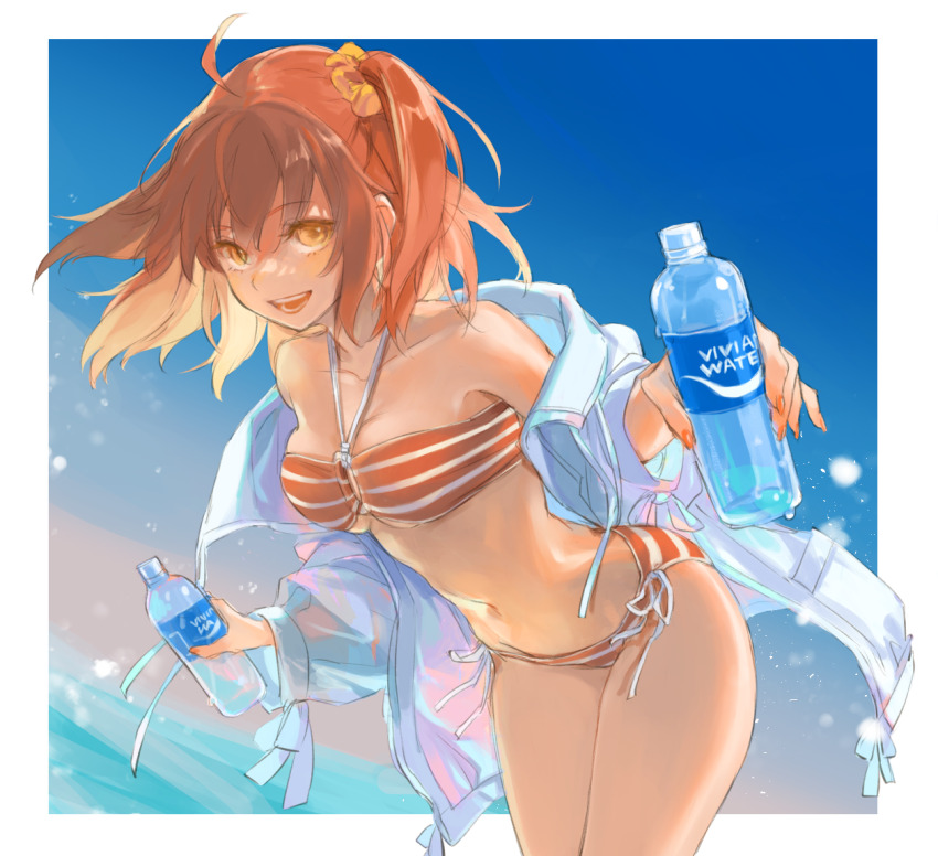 001e43_ee7800, 1girl, :d, bikini, blue_sky, border, bottle, breasts, brown_eyes, cleavage, collarbone, cowboy_shot, fate/grand_order, fate_(series), floating_hair, fujimaru_ritsuka_(female), hair_between_eyes, hair_ornament, hair_scrunchie, holding, holding_bottle, leaning_forward, long_hair, medium_breasts, nail_polish, navel, open_mouth, orange_bikini, orange_hair, orange_nails, ribbon, scrunchie, side-tie_bikini_bottom, side_ponytail, sky, smile, solo, striped_bikini, striped_clothes, summer, swimsuit, underboob, water_bottle, white_border, white_ribbon, yellow_scrunchie