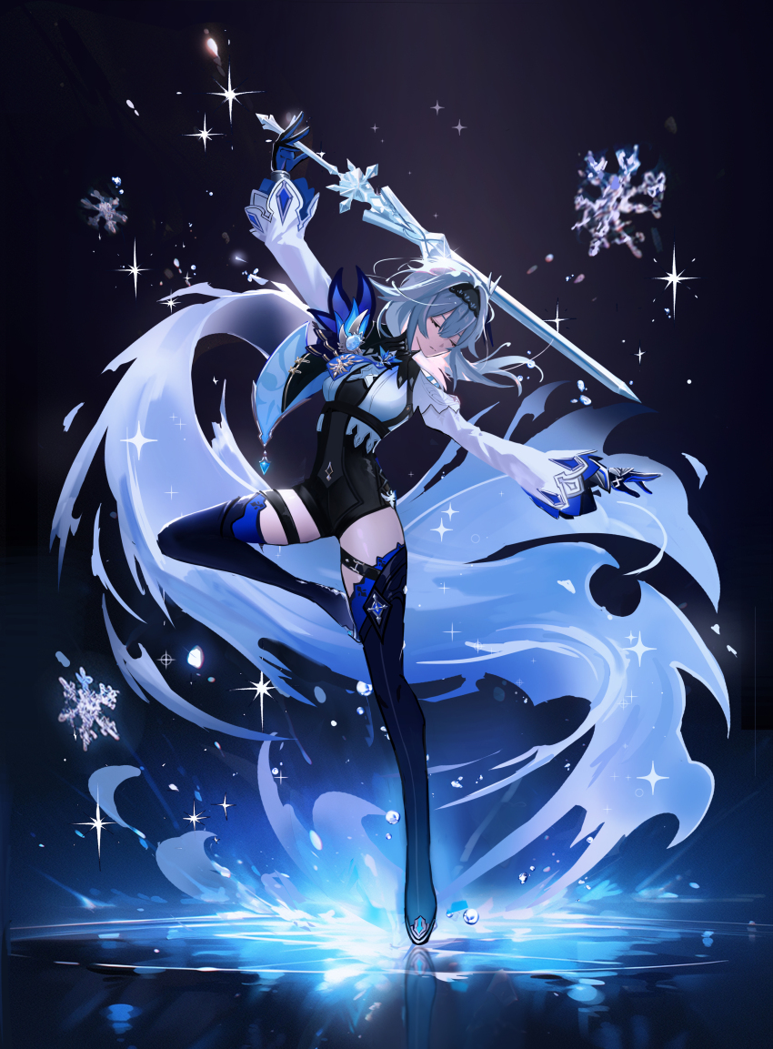 1girl, absurdres, black_boots, black_gloves, black_hairband, black_jumpsuit, blue_gloves, blue_hair, boots, closed_eyes, closed_mouth, dancing, eula_(genshin_impact), floating_hair, full_body, genshin_impact, gloves, hairband, highres, holding, holding_sword, holding_weapon, jumpsuit, long_hair, long_sleeves, mizuiro_abokado, short_jumpsuit, solo, sword, thigh_boots, thigh_strap, two-tone_gloves, weapon