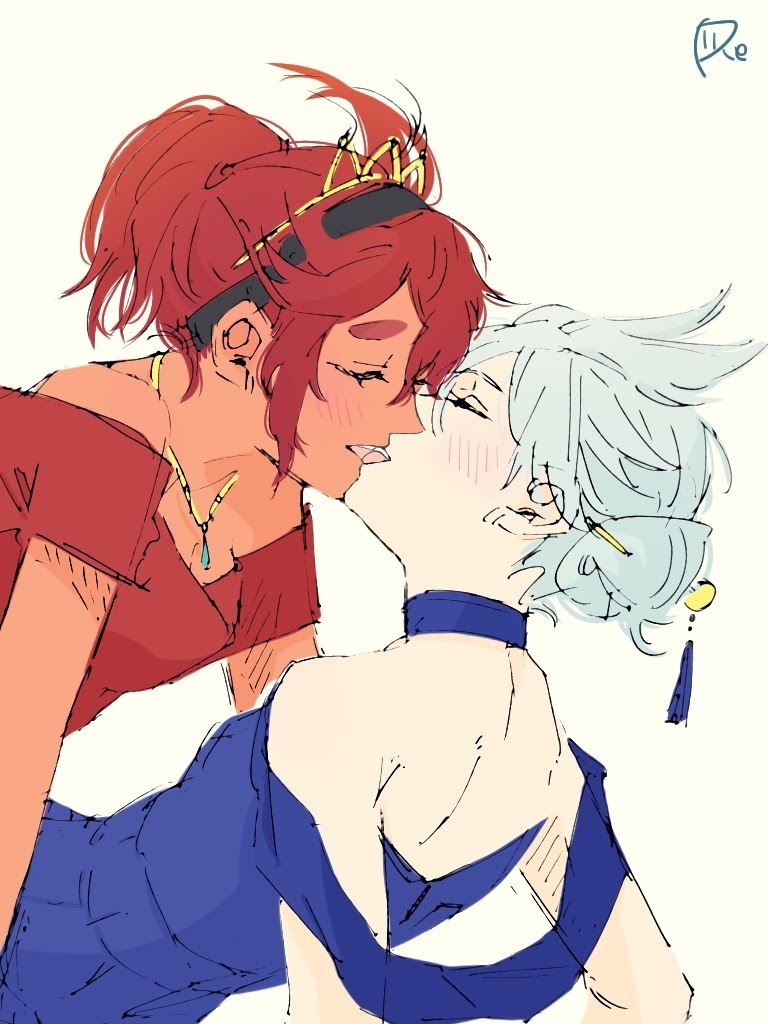 2girls, bare_back, bare_shoulders, blue_dress, blush, closed_eyes, couple, dress