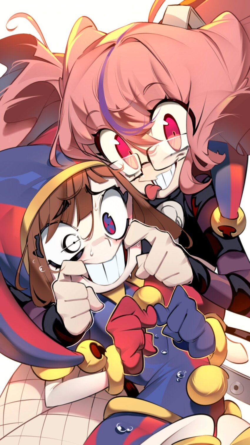 :p, asymmetrical_gloves, black-framed_eyewear, blue_eyes, blue_gloves, blue_headwear, blush, blush_stickers