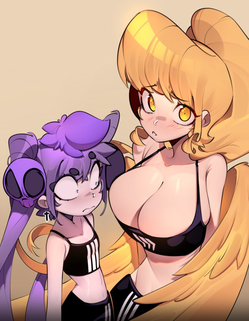 2girls, angel_wings, bare_shoulders, black_sports_bra, blonde_hair, blush, breast_envy, breasts, cleavage, collarbone, cross, cross_earrings, earrings, embarrassed, fasaria_(freaked_fleapit), feathered_wings, freaked_fleapit_(game), freakedfleapit, hair_ornament, high_ponytail, highres, jewelry, large_breasts, long_hair, looking_at_another, looking_at_breasts, looking_at_viewer, medium_support_(meme), meme, midriff, multiple_girls, pants, parted_lips, ponytail, purple_eyes, purple_hair, simple_background, sister_june_(freaked_fleapit), skull_hair_ornament, small_breasts, smile, sports_bra, striped_sports_bra, triple_vertical_stripe, twintails, very_long_hair, wings, yellow_eyes, yellow_wings, yoga_pants