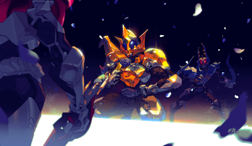 3boys, armor, armored_bodysuit, armored_boots, armored_gloves, belt, belt_buckle, black_bodysuit