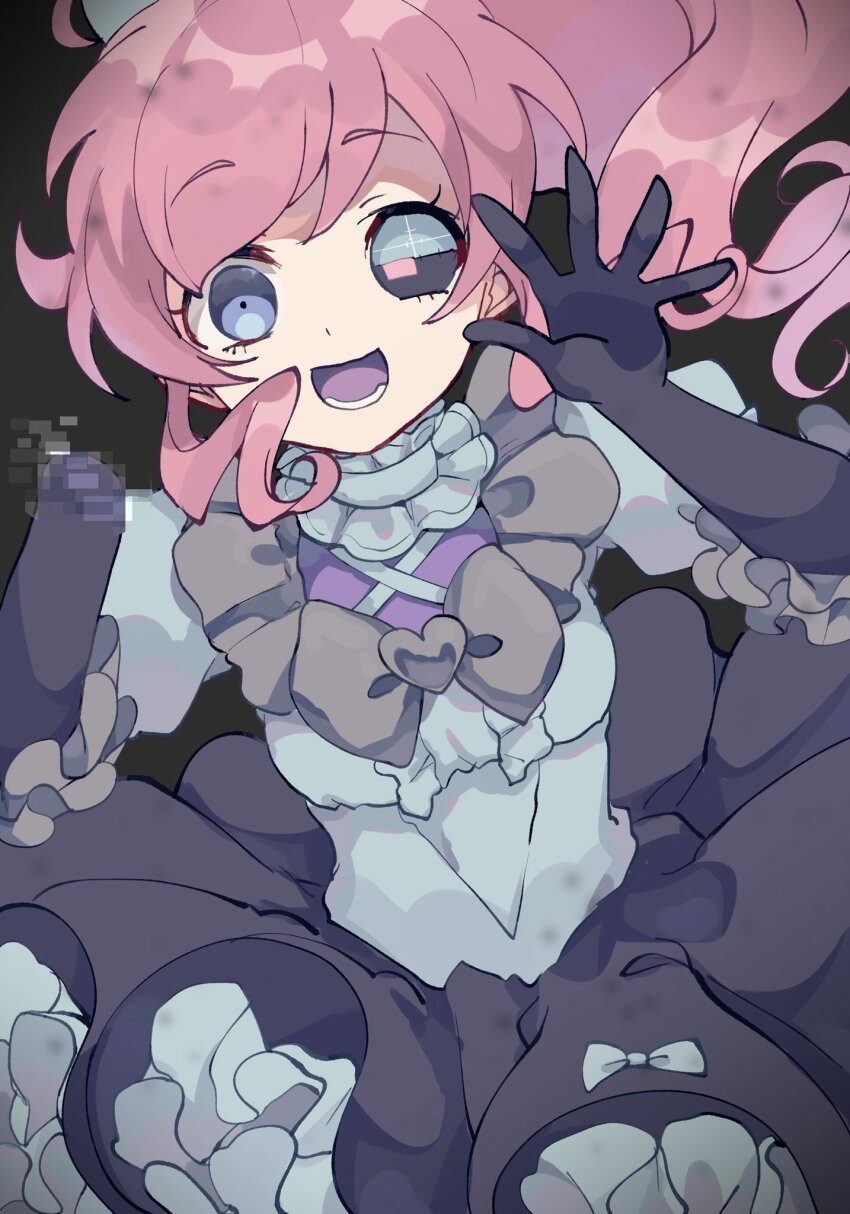 1girl, :d, alternate_color, black_background, black_gloves, blue_dress, blue_eyes, blue_sclera, bow, bug_mirai, colored_sclera, commentary_request, dark_persona, dress, frilled_dress, frilled_sleeves, frills, glitch, gloves, grey_bow, hands_up, highres, idol_clothes, kiratto_pri_chan, long_hair, looking_at_viewer, marueri, amputee, momoyama_mirai, open_mouth, pink_hair, ponytail, pretty_series, pripara:_all_idol_perfect_stage!, puffy_sleeves, sidelocks, single_empty_eye, smile, solo