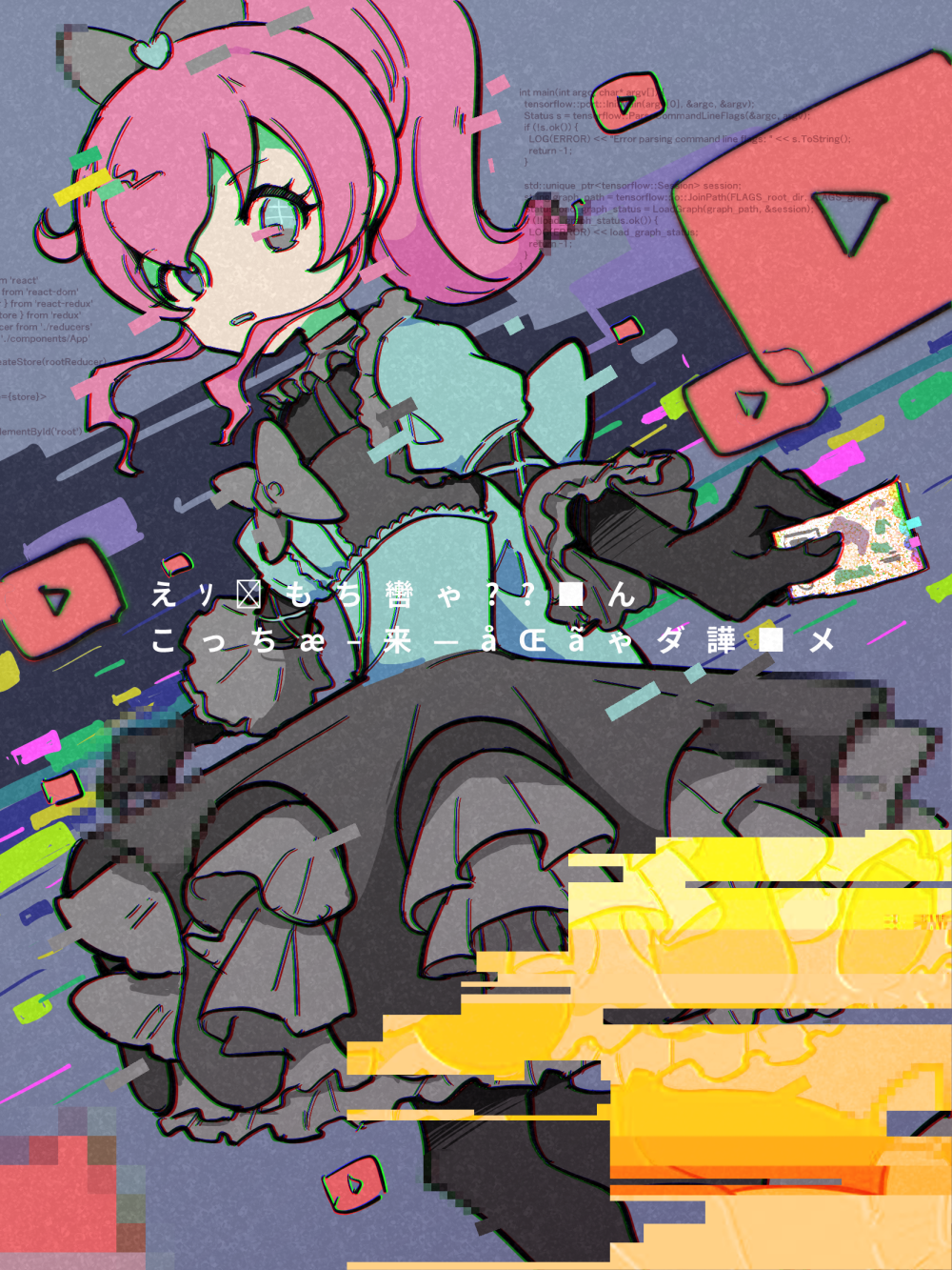 1girl, black_skin, blue_eyes, bow, bug_mirai, colored_skin, commentary_request, dark_persona, dress, dress_bow, frilled_dress, frilled_sleeves, frills, glitch, grey_background, grey_bow, heterochromia, highres, holding, holding_ticket, kiratto_pri_chan, long_hair, looking_at_viewer, momoyama_mirai, open_mouth, pink_hair, ponytail, pretty_series, pripara:_all_idol_perfect_stage!, sidelocks, solo, standing, ticket, translation_request, youtube_logo, zouni_(zoni_pict)