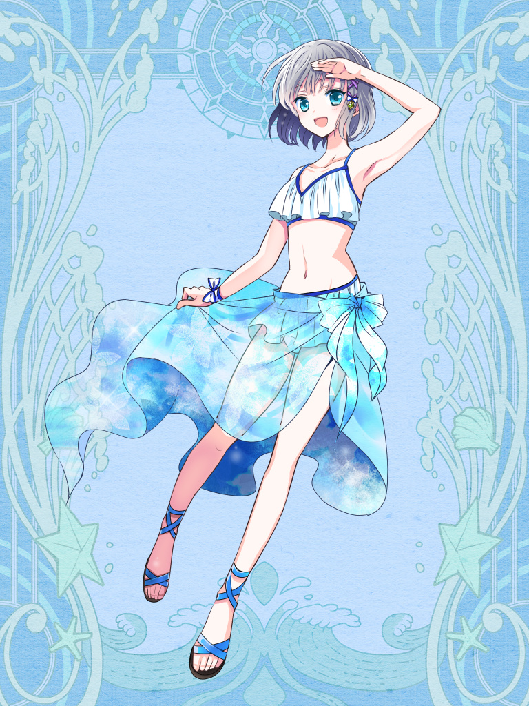 1girl, :d, aqua_eyes, arm_up, bikini, blue_background, blue_bow, blue_eyes, bow, dairoku_ryouhei, frilled_bikini, frills, full_body, grey_hair, hair_ornament, holding_own_skirt, kofi_famiol, l_(matador), miniskirt, navel, open_mouth, sandals, see-through_clothes, short_hair, skirt, smile, solo, standing, swimsuit, white_bow, wrist_bow